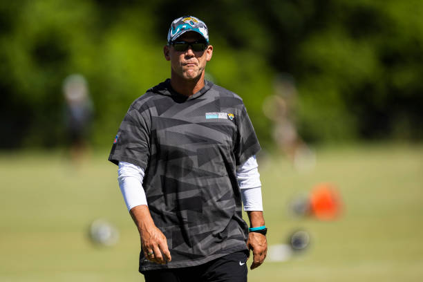 Trent Baalke, general manager of the Jacksonville Jaguars looks on during training camp on July 27, 2022 at Episcopal High School in Jacksonville,...
