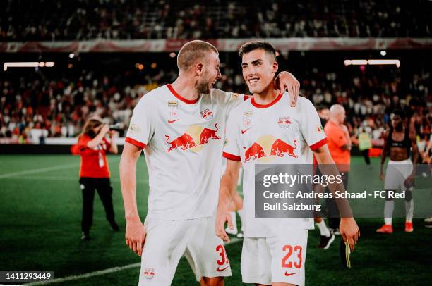 Strahinja Pavlovic and Roko Simic of Salzburg celebrate their team's 1-0 victory after the friendly match between FC Red Bull Salzburg and Liverpool...