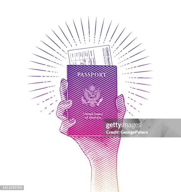 handlanger reisepass mit covid-impfkarte - one mid adult woman only stock-grafiken, -clipart, -cartoons und -symbole