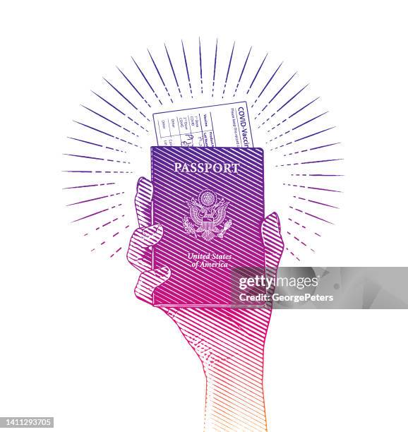 handlanger reisepass mit covid-impfkarte - reisepass stock-grafiken, -clipart, -cartoons und -symbole