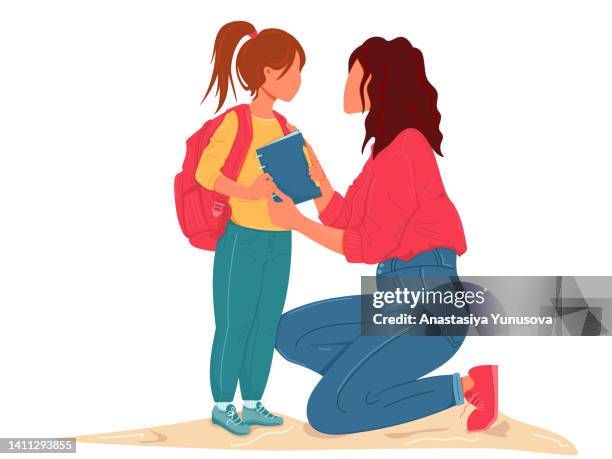 ilustrações, clipart, desenhos animados e ícones de mãe solidária com sua aluna no primeiro dia de aula - preparação