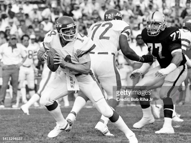 Jets QB Richard Todd drops back to pass as Raiders Lyle Alzado defends during AFC Playoff game, January 15, 1983 in Los Angeles, California.
