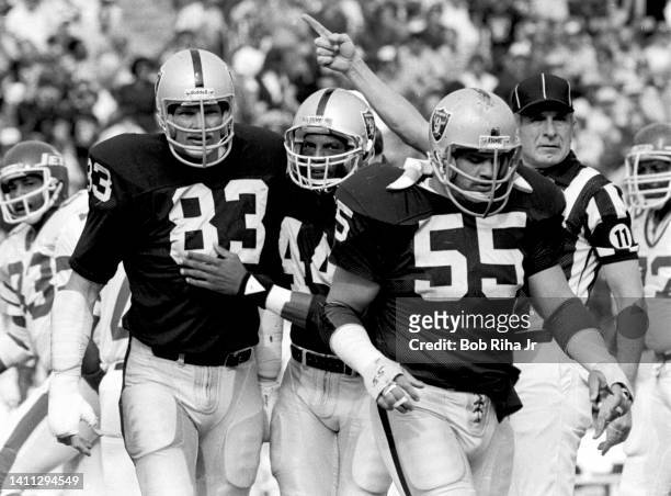 Raiders Ted Hendricks receives congratulations from teammates after recovering a fumble by NY Jets QB Richard Todd during AFC Playoff game, January...
