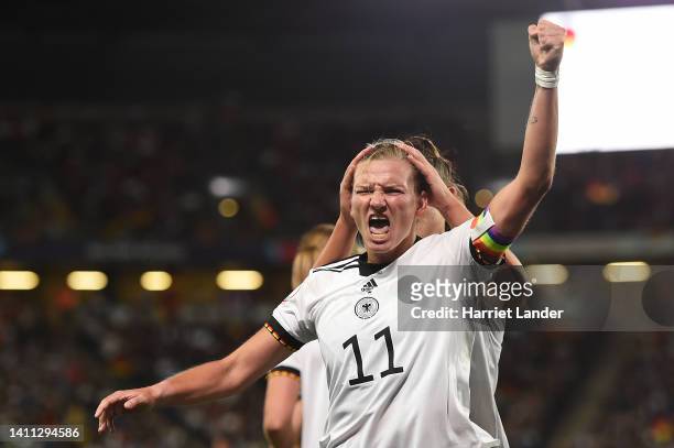 Alexandra Popp of Germany celebrates scoring their side's second goal during the UEFA Women's Euro 2022 Semi Final match between Germany and France...