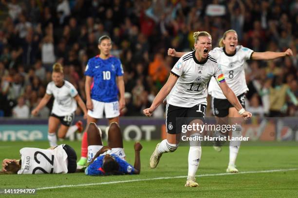 Alexandra Popp of Germany celebrates scoring their side's second goal during the UEFA Women's Euro 2022 Semi Final match between Germany and France...