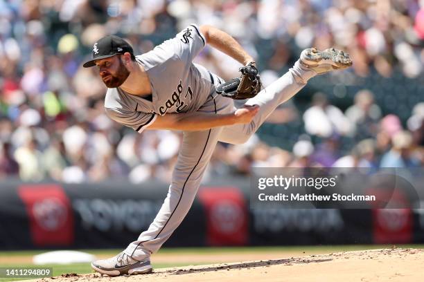 Starting pitcher Lucas Giolito of the Chicago White Sox throws against the Colorado Rockies in the first inning at Coors Field on July 27, 2022 in...