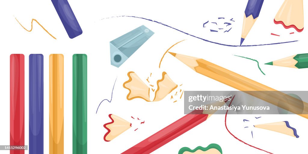Composition with colorful pencils and sharpener