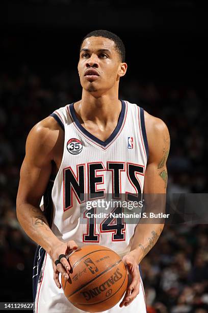 Gerald Green of the New Jersey Nets takes a fouls shot against the Houston Rockets on March 10, 2012 at the Prudential Center in Newark, New Jersey....