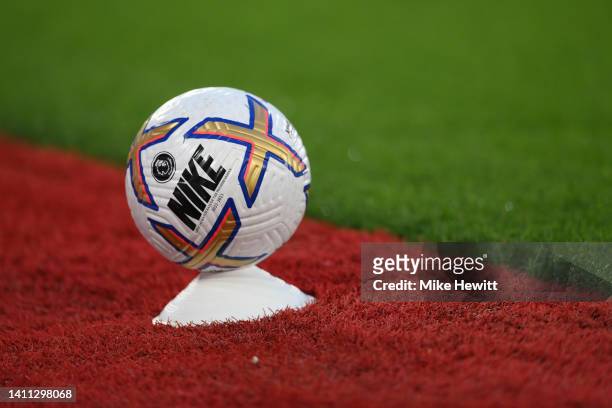 The new Premier League ball is displayed during the Pre-Season Friendly between Southampton and AS Monaco at St Mary's Stadium on July 27, 2022 in...