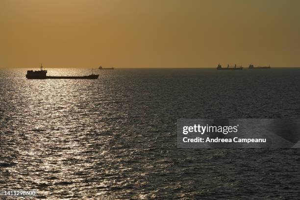 Cargo ships wait to enter Sulina Channel, in the Black Sea on July 27, 2022 in Sulina, Romania. Exporters, logisticians, traders, transporters are...