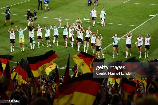 General view as players of Germany celebrate in front of their fans after the final whistle of the UEFA Women's Euro 2022 Semi Final match between...