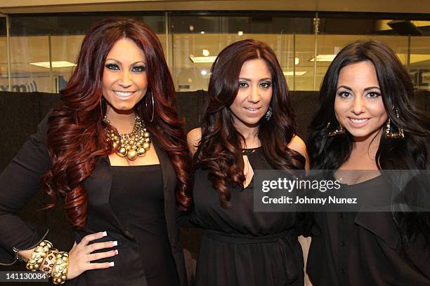 Personalities Tracy Dimarco, Olivia Blois and Gigi Liscio invade "The Whoolywood Shuffle" at the SiriusXM Studio on March 07, 2012 in New York City.