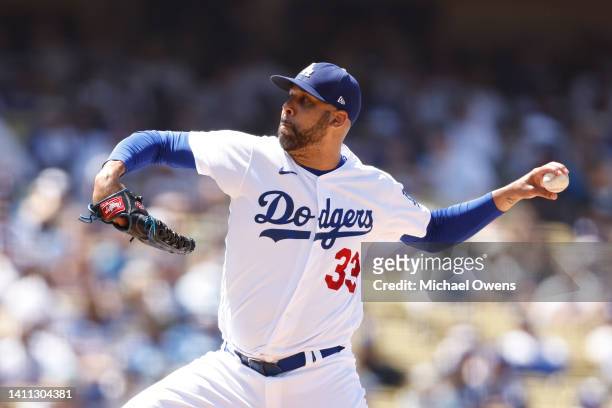 David Price of the Los Angeles Dodgers pitches against the Washington Nationals during the eighth inning at Dodger Stadium on July 27, 2022 in Los...