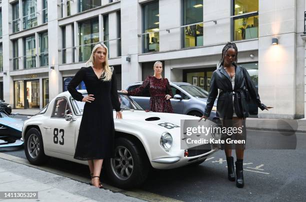 Lady Amelia, Eliza Spencer and Shukria Hussain during TVR's unveiling of an all-new lineup of electric vehicles at MNKY HSE on July 27, 2022 in...