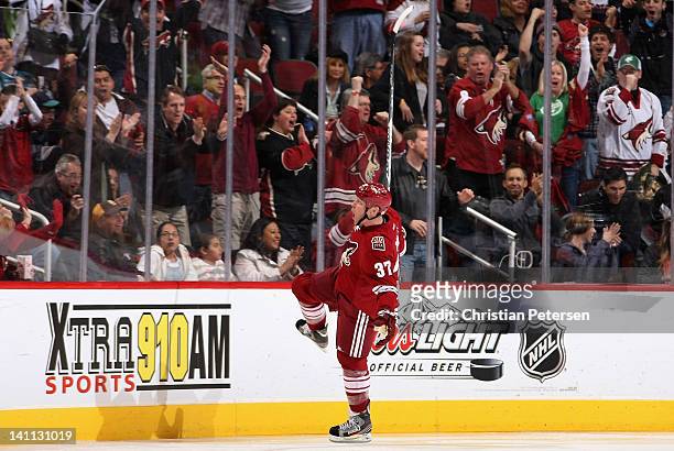 Raffi Torres of the Phoenix Coyotes celebrates after scoring a third period goal against the San Jose Sharks during the NHL game at Jobing.com Arena...
