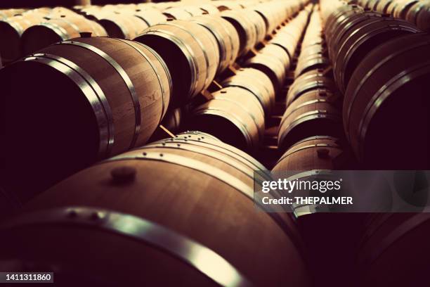 wooden wine barrels - wine making stock pictures, royalty-free photos & images