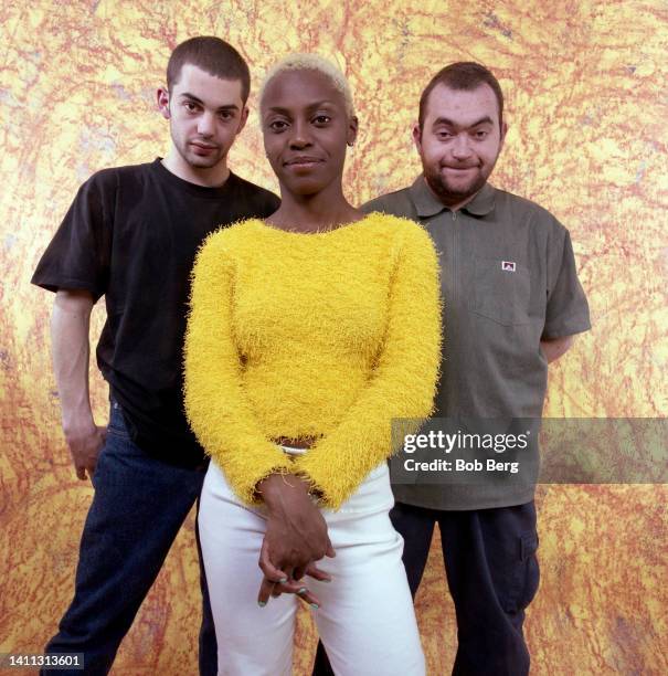 Paul Godfrey, lead vocalist Skye Edwards and guitarist/keyboardist Ross Godfrey, of the English electronic band Morcheeba, pose for a group portrait...