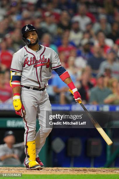 Robinson Cano of the Atlanta Braves reacts against the Philadelphia Phillies at Citizens Bank Park on July 26, 2022 in Philadelphia, Pennsylvania....