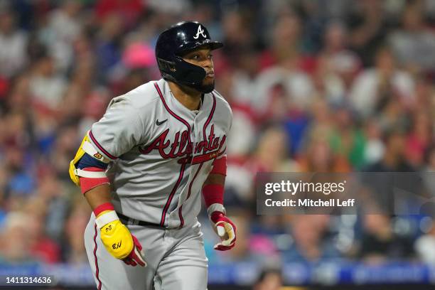 Robinson Cano of the Atlanta Braves runs to first base against the Philadelphia Phillies at Citizens Bank Park on July 26, 2022 in Philadelphia,...