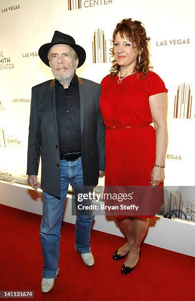 Recording artist Merle Haggard and wife Theresa Ann Lane arrive at the opening night of The Smith Center for the Performing Arts on March 10, 2012 in...