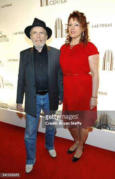 Recording artist Merle Haggard and wife Theresa Ann Lane arrive at the opening night of The Smith Center for the Performing Arts on March 10, 2012 in...