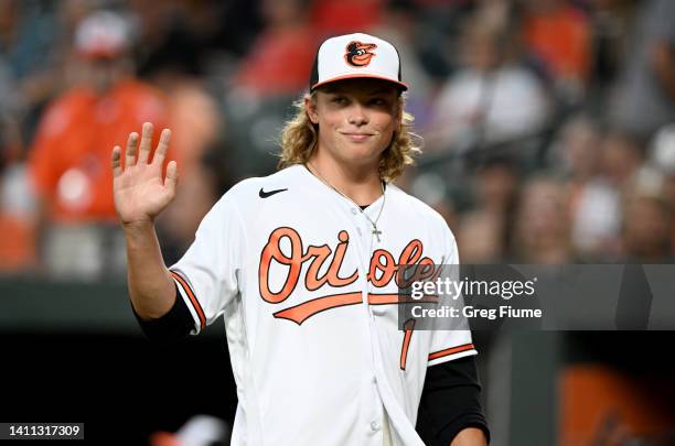 Baltimore Orioles first round pick, and Number 1 overall selection of the 2022 First-Year Player Draft, Jackson Holliday is introduced to the crowd...