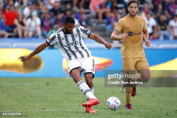 Gleison Bremer of Juventus passes the ball against FC Barcelona during the first half of an 2022 International Friendly match between FC Barcelona...