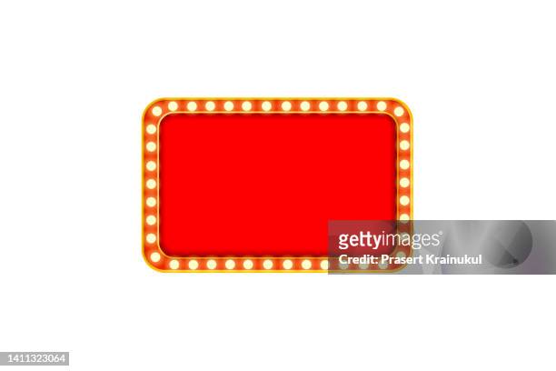 red shining marquee empty banner isolated on white background with clipping path - cinema sign stock-fotos und bilder