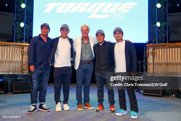 Team Captain Hideto Tanihara of Torque GC, Ryosuke Kinoshita of Torque GC, Greg Norman, CEO and commissioner of LIV Golf, Yuki Inamori of Torque GC...