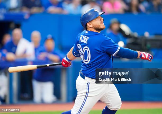 Alejandro Kirk of the Toronto Blue Jays swings against the St. Louis Cardinals in the second inning during their MLB game at the Rogers Centre on...