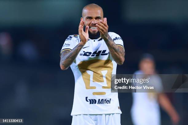 Dani Alves of Pumas UNAM gestures during the 5th round match between Pumas UNAM and Mazatlan FC as part of the Torneo Apertura 2022 Liga MX at...