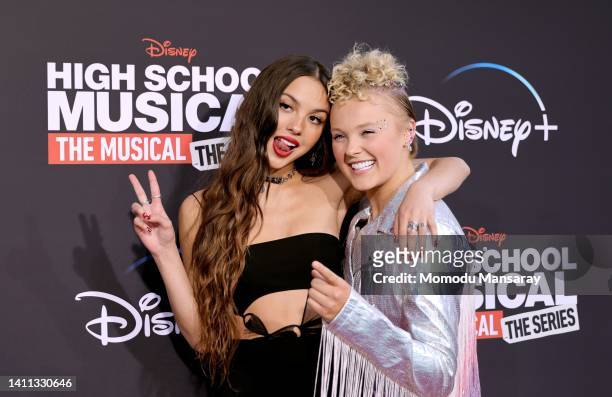 Olivia Rodrigo and JoJo Siwa attends the Disney+ "High School Musical: The Musical: The Series" season 3 premiere at Walt Disney Studios on July 27,...