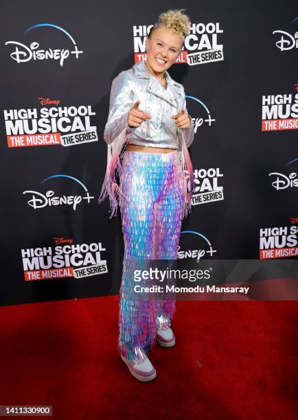 JoJo Siwa attends the Disney+ "High School Musical: The Musical: The Series" season 3 premiere at Walt Disney Studios on July 27, 2022 in Burbank,...