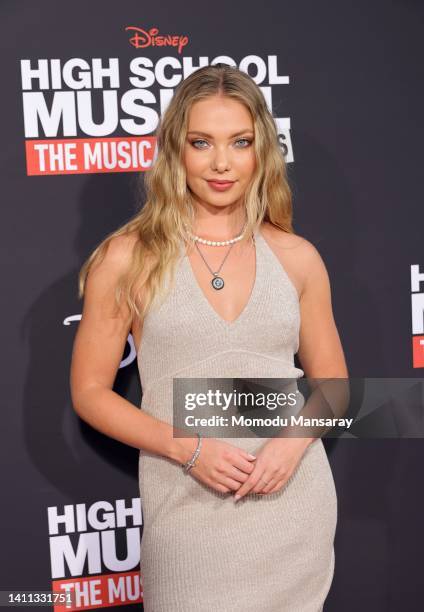 Emilia McCarthy attends the Disney+ "High School Musical: The Musical: The Series" season 3 premiere at Walt Disney Studios on July 27, 2022 in...