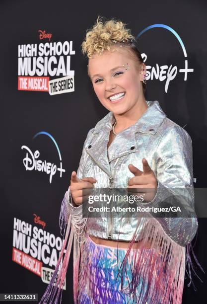 JoJo Siwa attends the Disney+ "High School Musical: The Musical: The Series" season 3 premiere at Walt Disney Studios on July 27, 2022 in Burbank,...