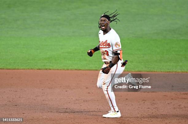 Jorge Mateo of the Baltimore Orioles rounds the bases after hitting a home run in the ninth inning against the Tampa Bay Rays at Oriole Park at...
