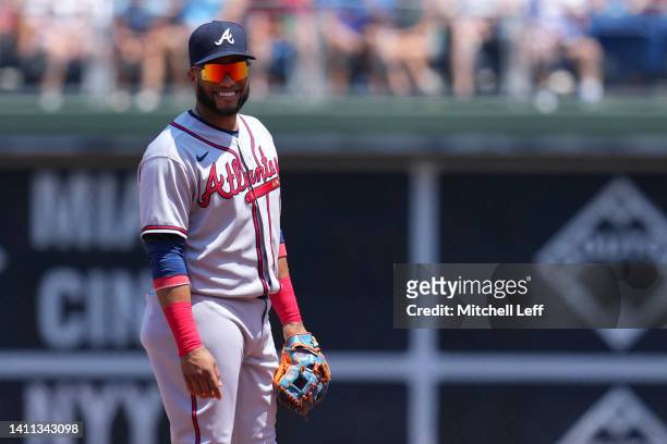 Robinson Cano of the Atlanta Braves reacts against the Philadelphia Phillies at Citizens Bank Park on July 27, 2022 in Philadelphia, Pennsylvania.