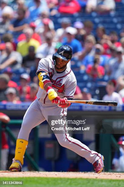 Robinson Cano of the Atlanta Braves bats against the Philadelphia Phillies at Citizens Bank Park on July 27, 2022 in Philadelphia, Pennsylvania.