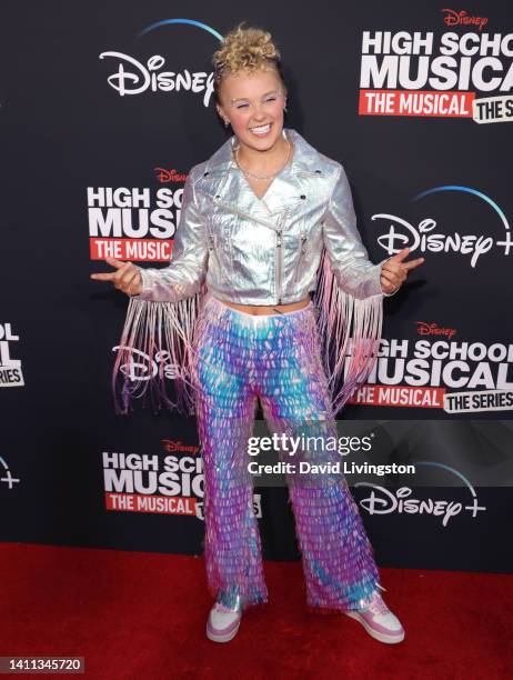 JoJo Siwa attends Disney+ "High School Musical: The Musical: The Series" Season 3 premiere at Walt Disney Studios on July 27, 2022 in Burbank,...