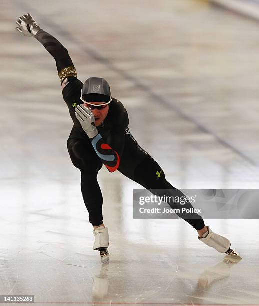 Tucker Fredericks of USA competes in the 500m heats during Day 1 of the Essent ISU Speed Skating World Cup at Sportforum Berlin on March 9, 2012 in...