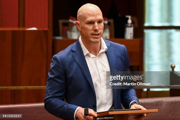 Senator David Pocock speaks during Question Time at Parliament House on July 28, 2022 in Canberra, Australia. The 47th parliament is sitting for the...