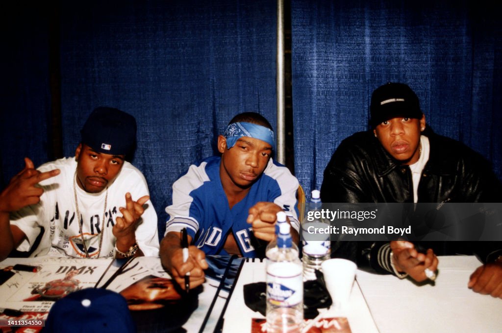 Kockoff Rappers Rappers Memphis Bleek , Ja Rule and Jay-Z poses for photos backstage ...