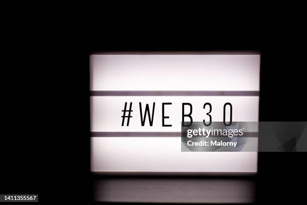 web 3.0 or web3 lightbox on black background. decentralization - leuchtkasten stock-fotos und bilder