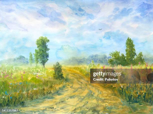 sommerlandschaft im aquarell - expressionismus stock-grafiken, -clipart, -cartoons und -symbole