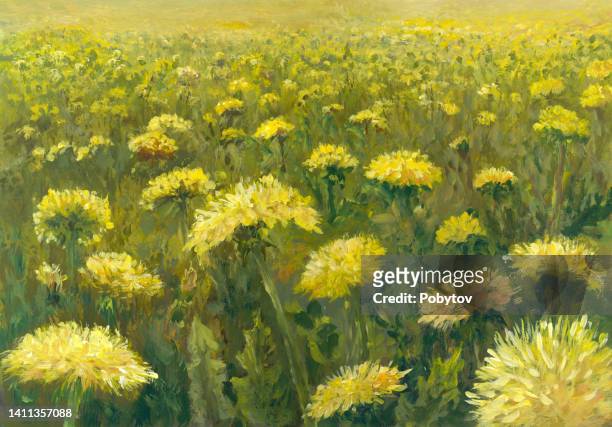 field of yellow dandelions, impressionism painting - dandelion drawing stock illustrations
