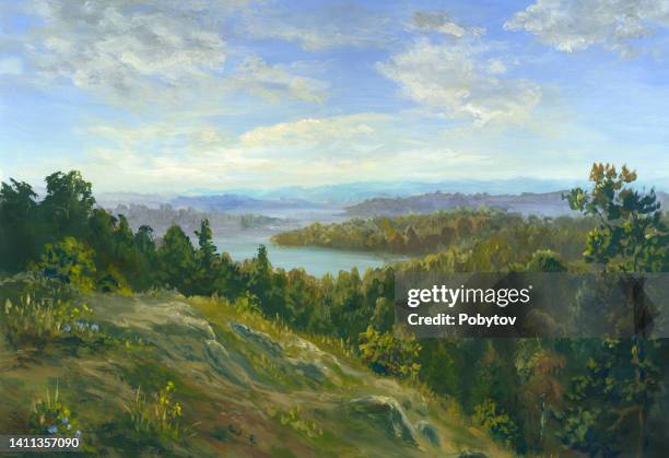 river valley oil painting - modern art painting stock illustrations