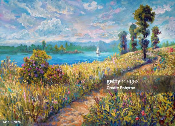 summer landscape of south europe, oil painting - seascape stock illustrations