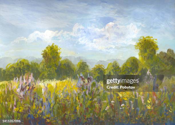 summer meadow, painting - factory background stock illustrations