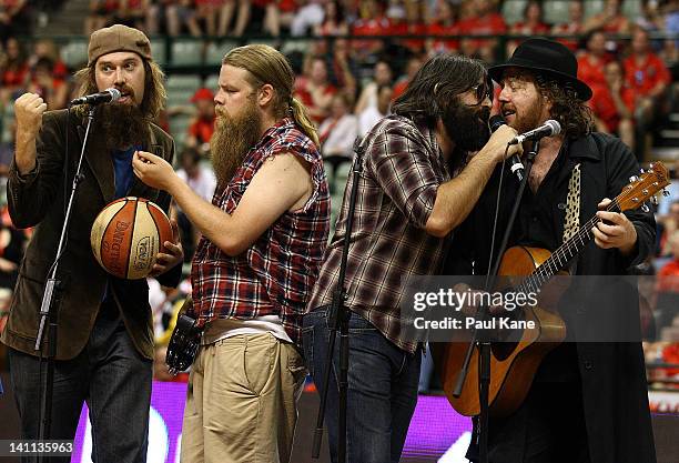 The Beards perform at half time during the round 23 NBL match between the Perth Wildcats and the Cairns Taipans at Challenge Stadium on March 11,...