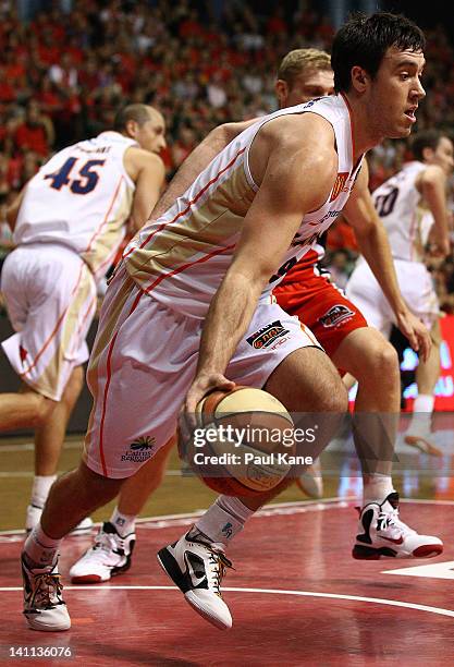 Brad Hill of the Taipans dribbles the ball out of the keyway during the round 23 NBL match between the Perth Wildcats and the Cairns Taipans at...